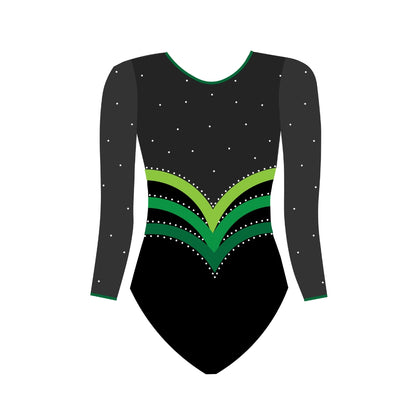 custom leotard, green leotard, hermione, rhinestones, shiny leotard, long sleeve leotard