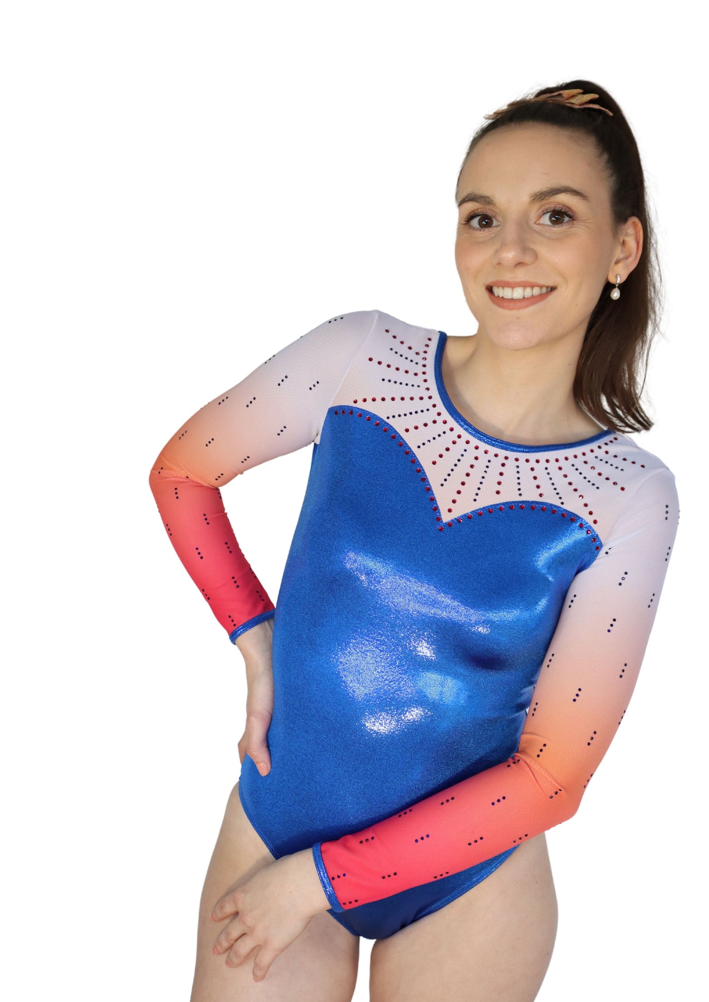 custom leotard, blue leotard, red leotard, simona, rhinestones, shiny leotard, long sleeve leotard