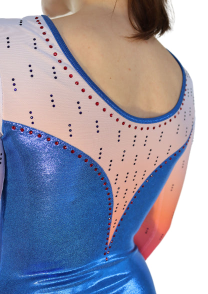 custom leotard, blue leotard, red leotard, simona, rhinestones, shiny leotard, long sleeve leotard