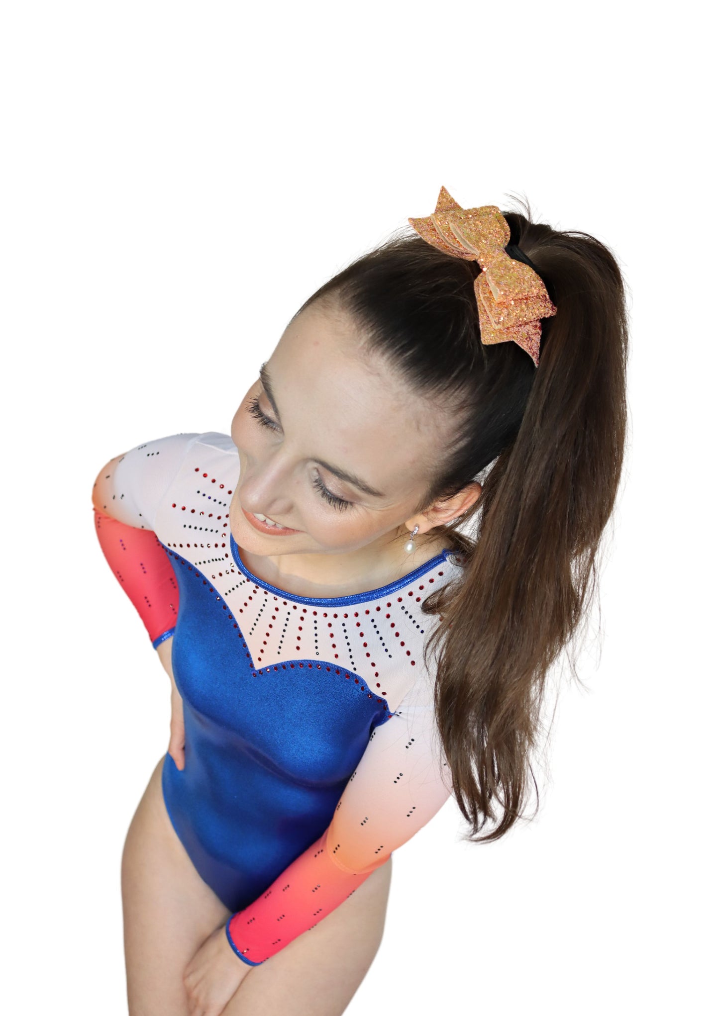 custom leotard, blue leotard, red leotard, simona, rhinestones, shiny leotard, long sleeve leotard