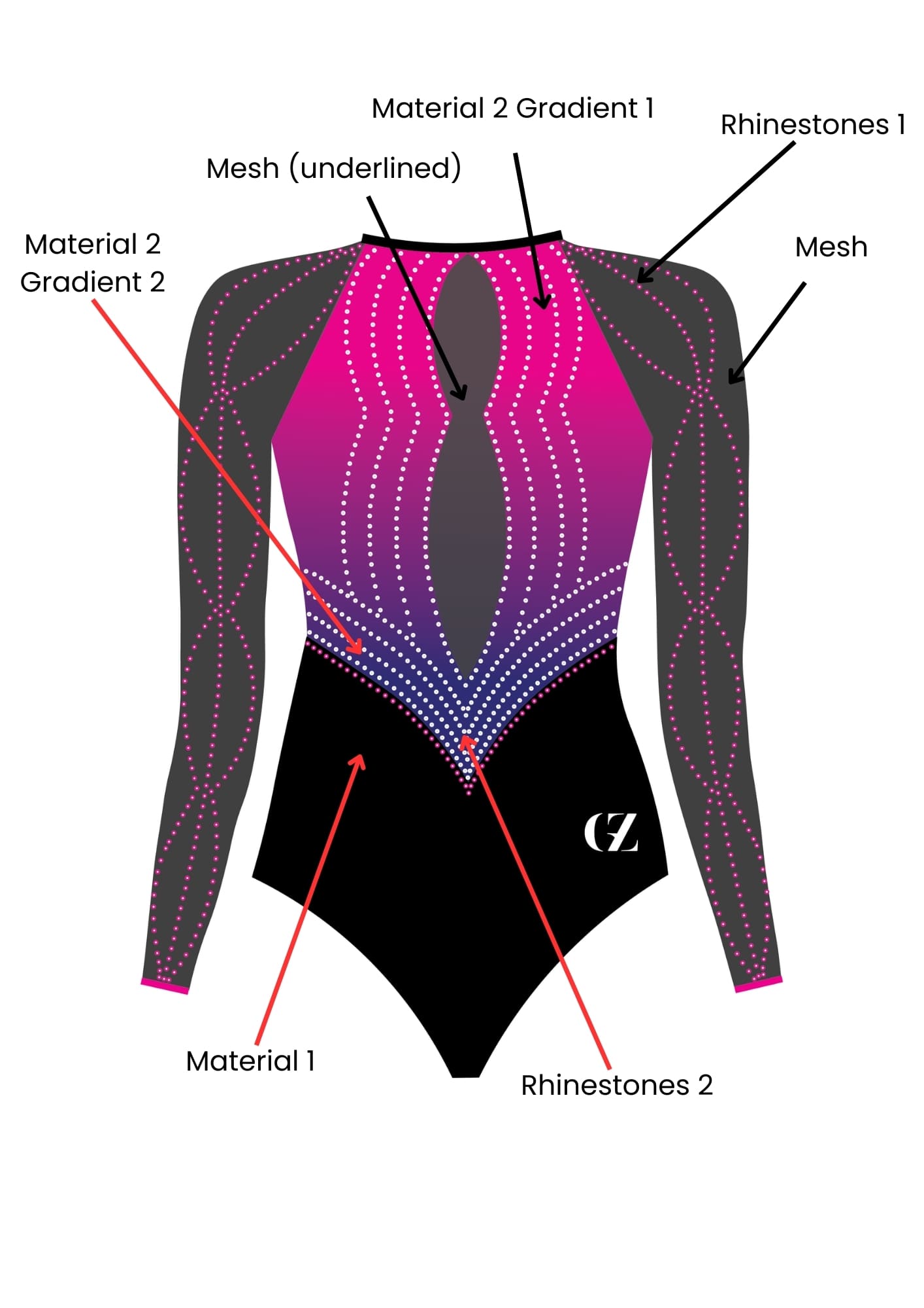 custom leotard, pink leotard, long sleeve leotard, rhinestones, competition leotard, sparkle leotard