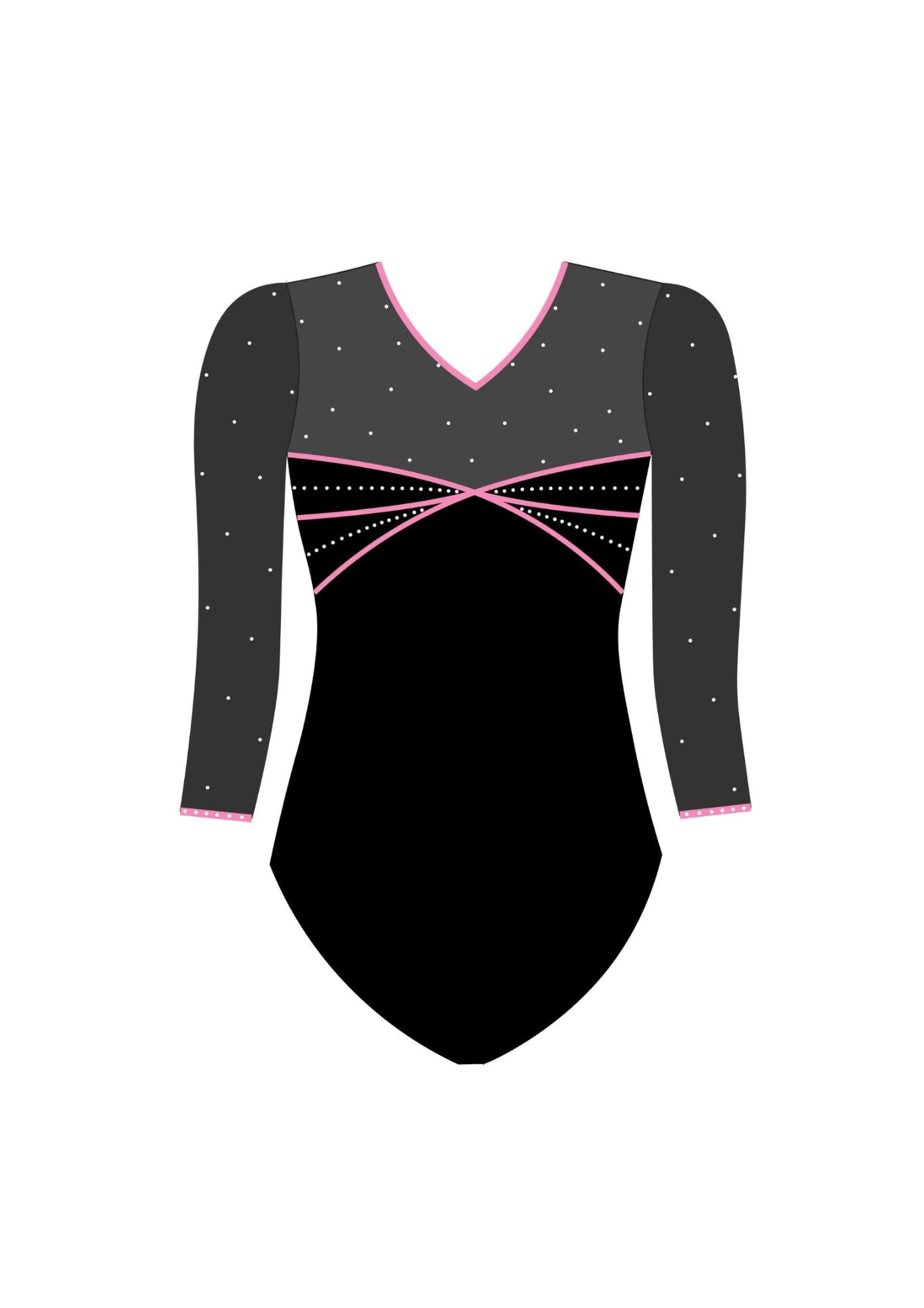 Back view of black and pink rhinestone long sleeve gymnastics leotard with V-back design, ideal for competitions and team uniforms.