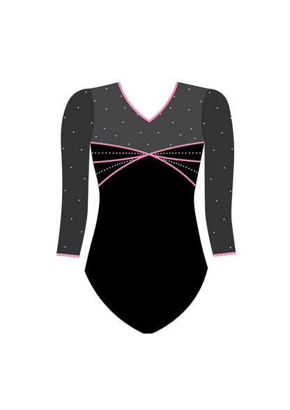 Back view of black and pink rhinestone long sleeve gymnastics leotard with V-back design, ideal for competitions and team uniforms.