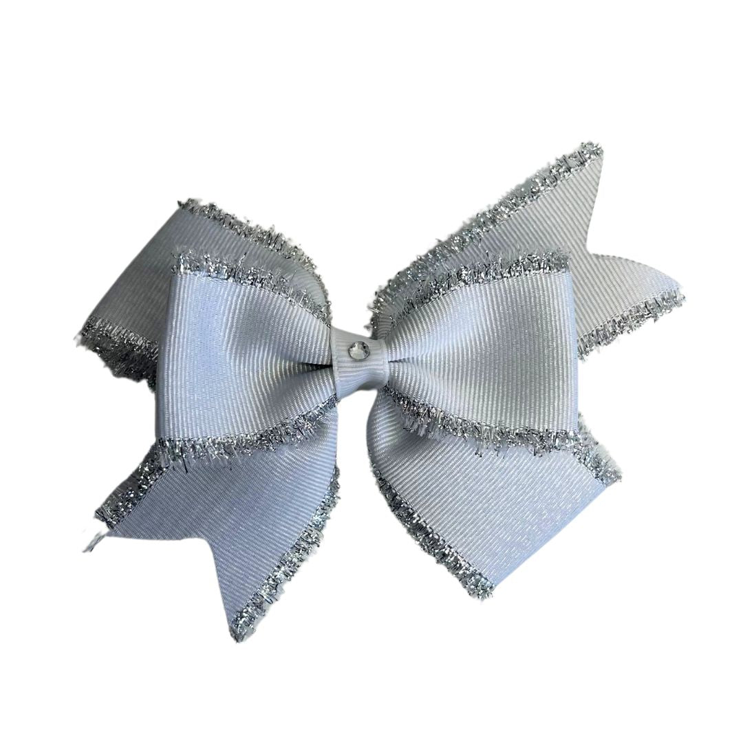 gymnastics bows, white bows, shiny bows, rhinestones