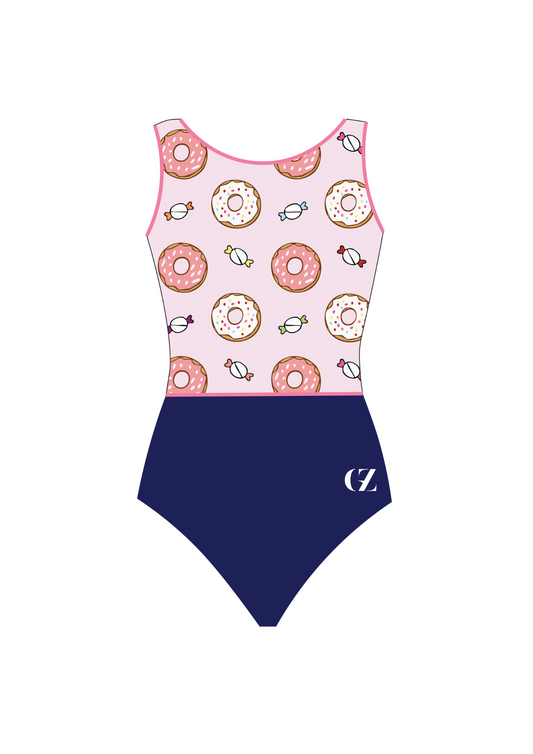 sleeveless gymnastics training leotard with donut pattern, cute and comfy for gymnasts. 