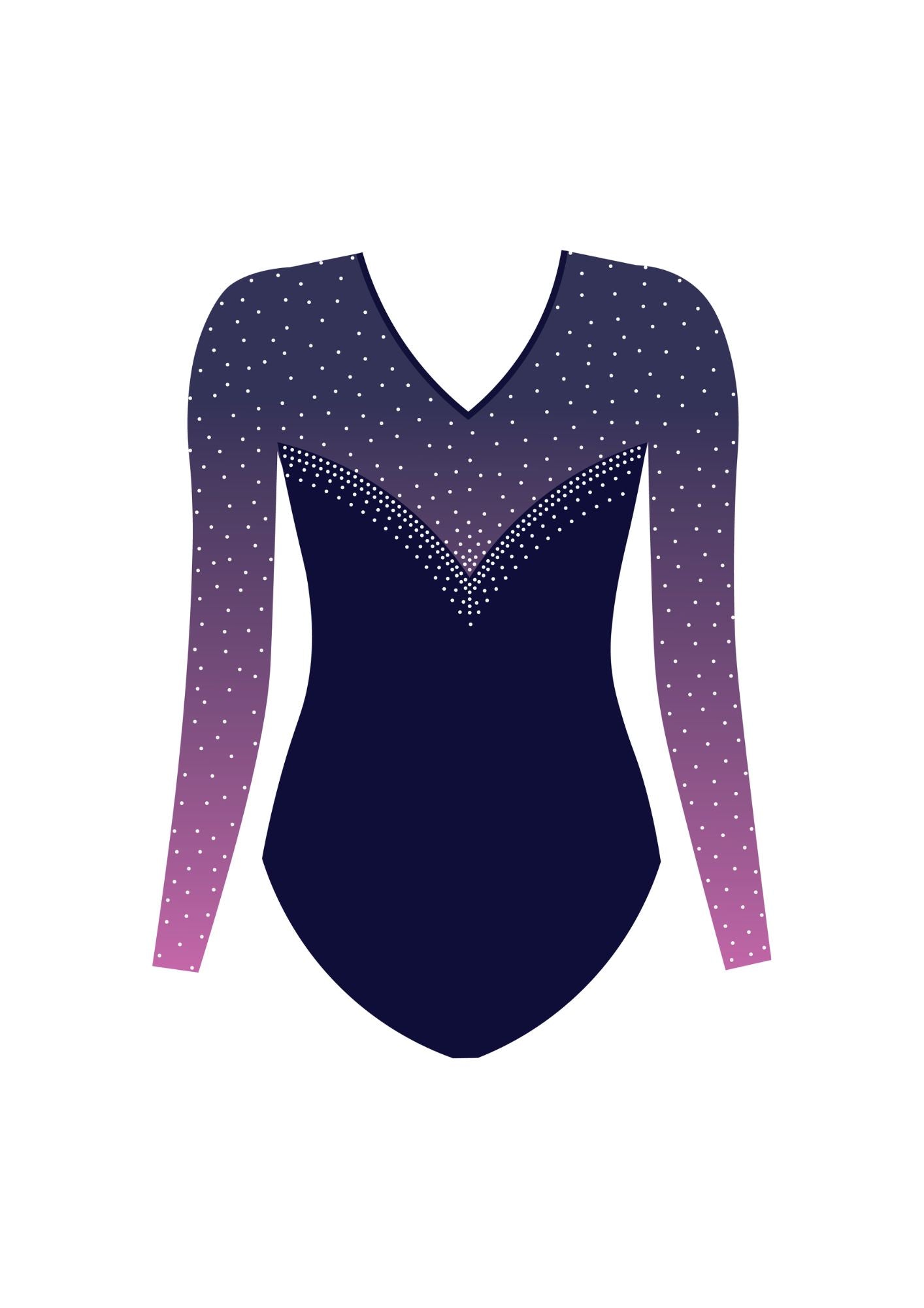 Back view of Faba navy and pink ombré long sleeve gymnastics leotard with rhinestones, elegant competition design. clubs, teams, training