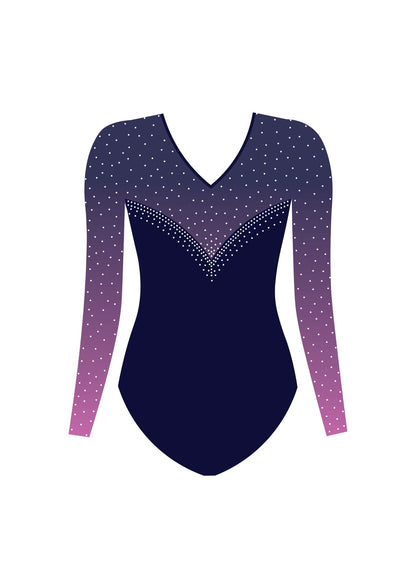 Back view of Faba navy and pink ombré long sleeve gymnastics leotard with rhinestones, elegant competition design. clubs, teams, training