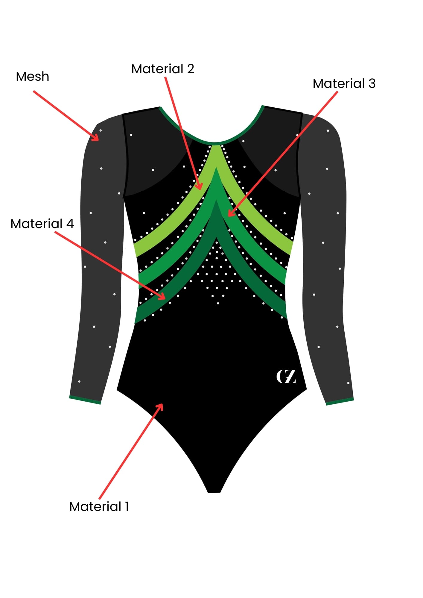 custom leotard, green leotard, hermione, rhinestones, shiny leotard, long sleeve leotard