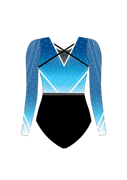 Blue and black gymnastics leotard with long sleeves on a white background