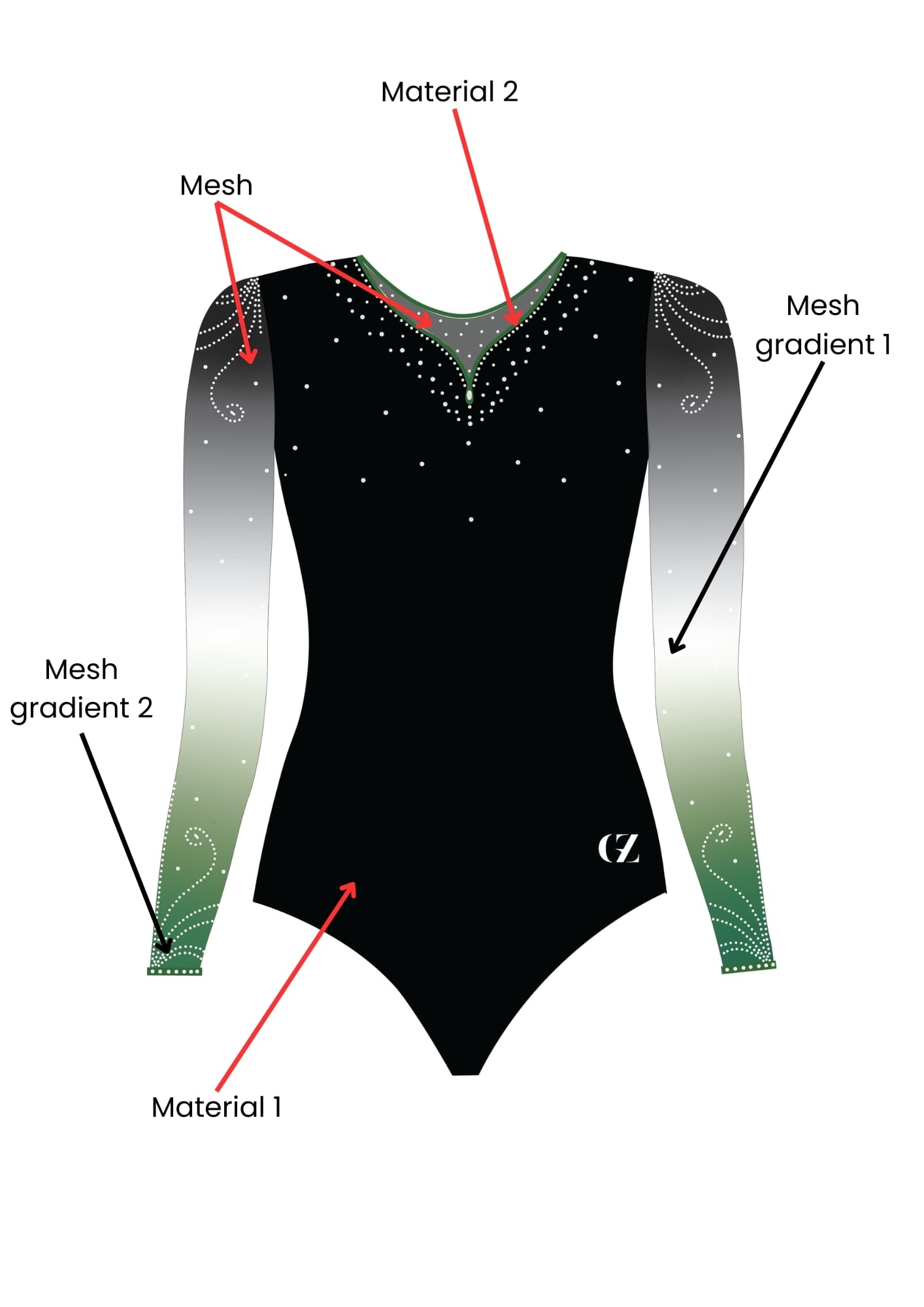 custom leotard, black leotard, green leotard, competition leotard, shiny leotard, long sleeve leotard