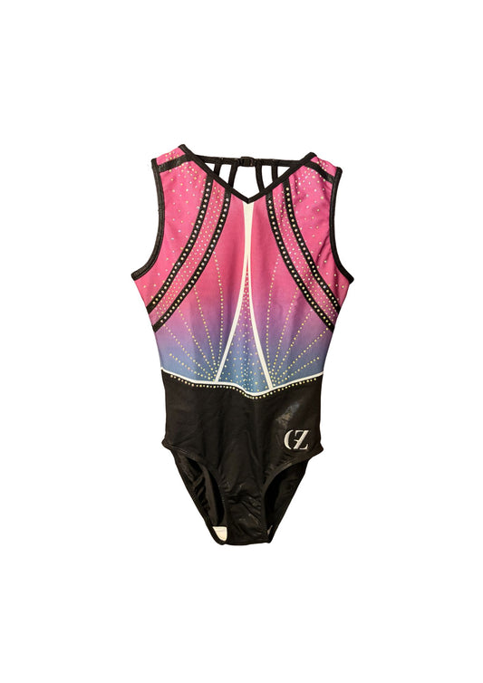 Pink and black leotard with sparkling design, mesh, lycra, spandex, shiny, comfortable, elegant, gymnastics, tumbling, trampolining