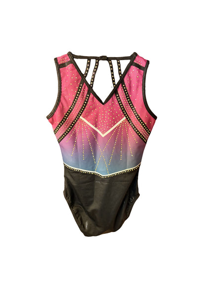 Pink and black leotard with sparkling design, mesh, lycra, spandex, shiny, comfortable, elegant, gymnastics, tumbling, trampolining