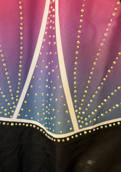 Close up of the front of the klea beautiful leotard for gymnastics competiton, girl, sparkly, cheap, comfortable 