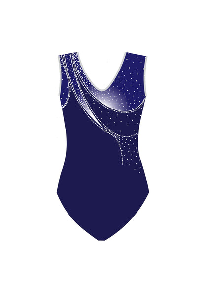 Milia short sleeve navy gymnastics leotard with elegant asymmetric Rhinestones design – back view. Perfect for gymnastics meets and competitions. Comfortable and cheap. 