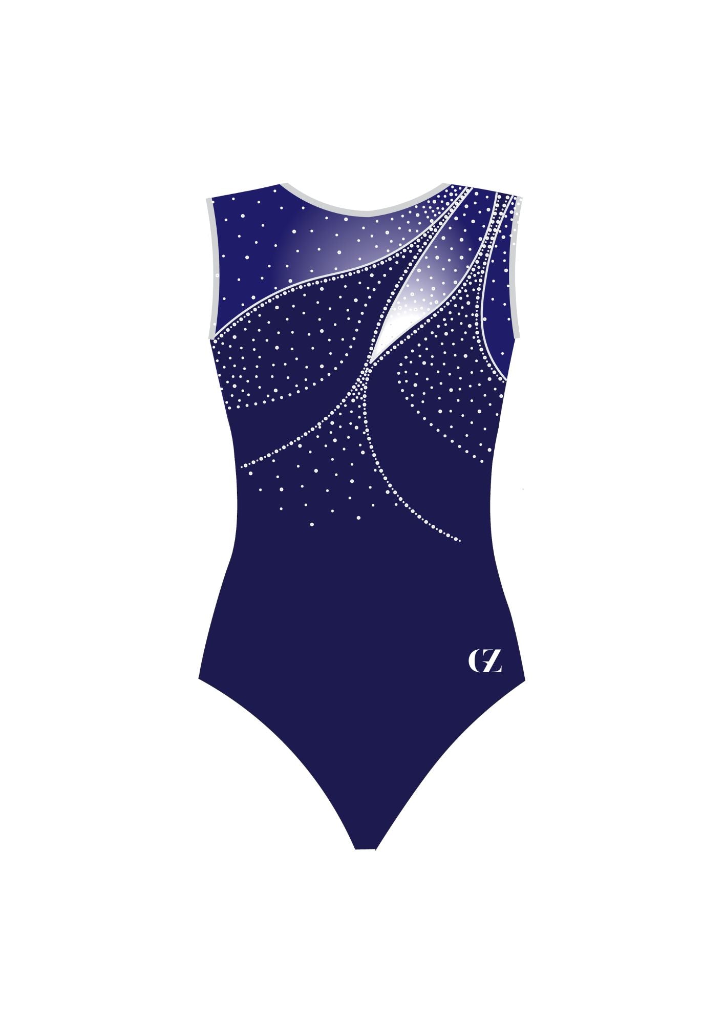 Milia short sleeve navy gymnastics leotard with white gradient and rhinestones details, perfect for competitions and trainings