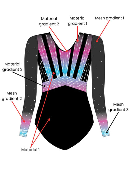 custom leotard, competition leotard, black leotard, pink leotard, long sleeve leotard, rhinestones, shiny leotard