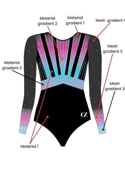 custom leotard, competition leotard, black leotard, pink leotard, long sleeve leotard, rhinestones, shiny leotard