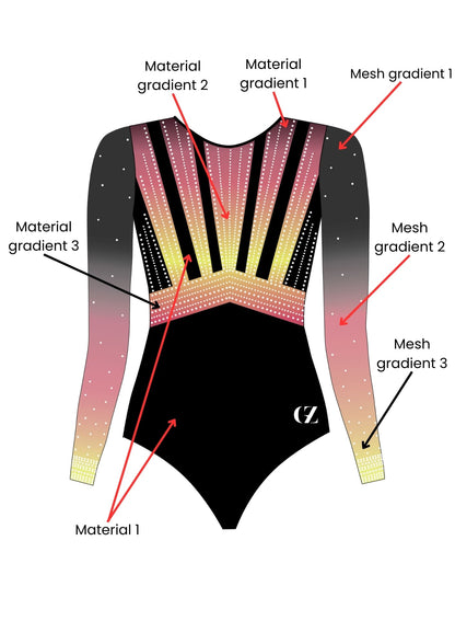 custom leotard, competition leotard, black leotard, pink leotard, long sleeve leotard, rhinestones, shiny leotard