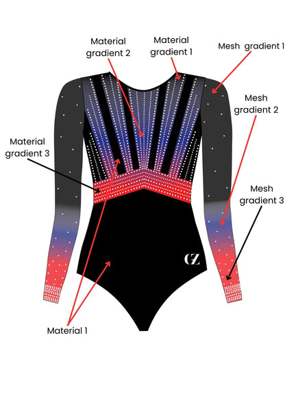 custom leotard, competition leotard, black leotard, blue leotard, long sleeve leotard, rhinestones, shiny leotard