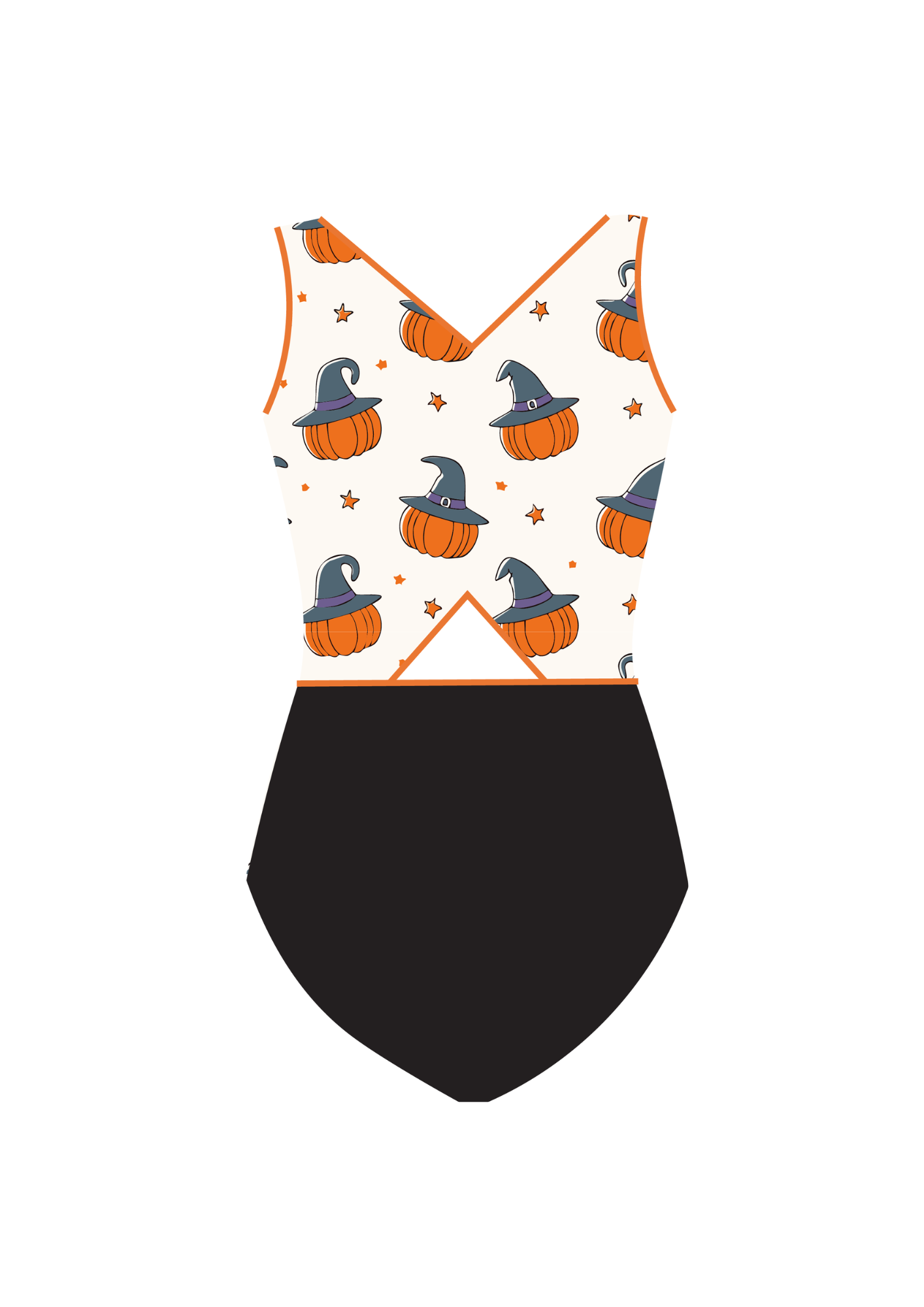 Training leotard for gymnastics with Halloween themed print with pumpkins and witch hats. Perfect for girls, comfortable leo