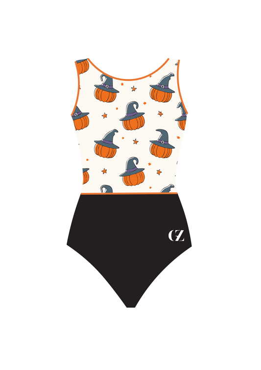 Training leotard for gymnastics with Halloween themed print with pumpkins and witch hats. Perfect for girls, comfortable leo
