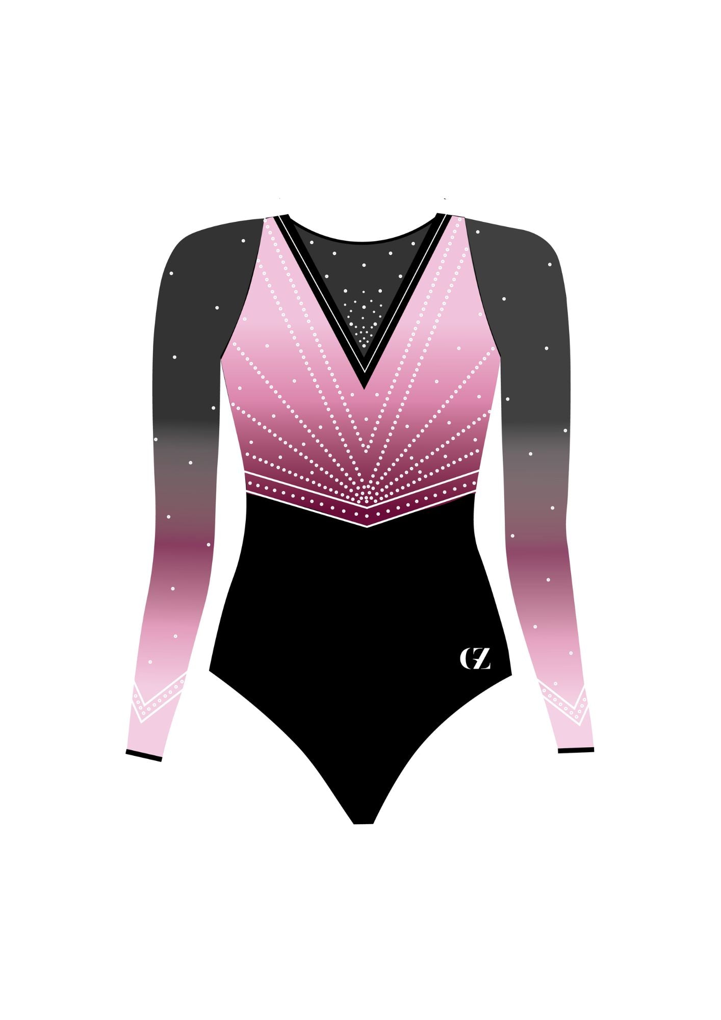 Front view of soft pink and black long sleeve gymnastics leotard with rhinestones, ombré design, and V-neckline — perfect for competitions and team uniforms.