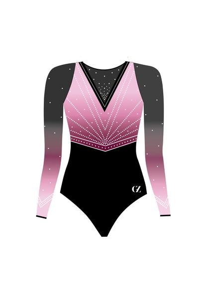Front view of soft pink and black long sleeve gymnastics leotard with rhinestones, ombré design, and V-neckline — perfect for competitions and team uniforms.