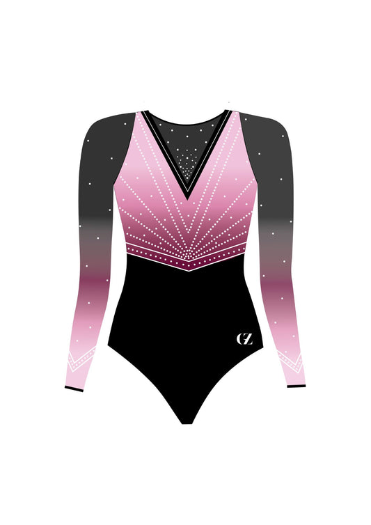 Front view of soft pink and black long sleeve gymnastics leotard with rhinestones, ombré design, and V-neckline — perfect for competitions and team uniforms.