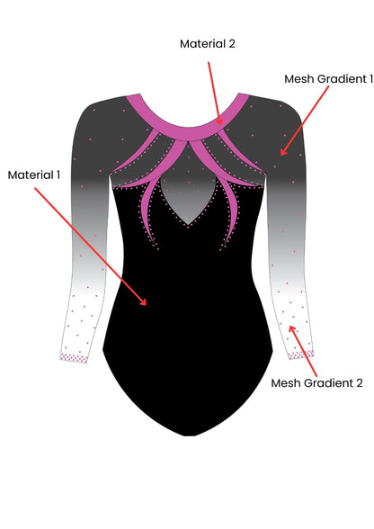 custom leotard, black leotard, pink leotard, speranza, rhinestones, shiny leotard, long sleeve leotard