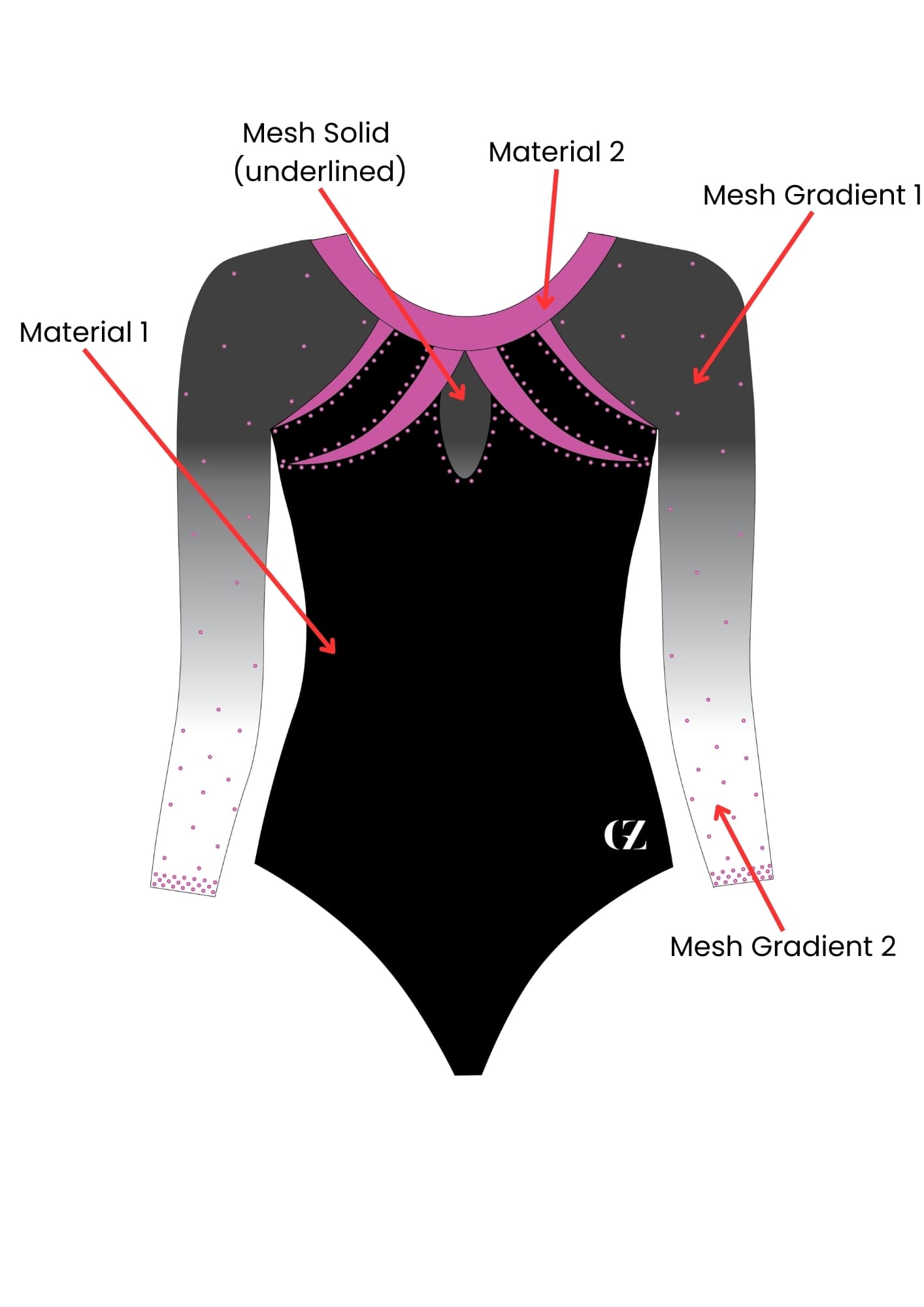 custom leotard, black leotard, pink leotard, speranza, rhinestones, shiny leotard, long sleeve leotard