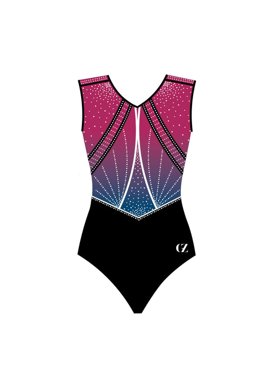 Gymnastics leotard with pink and black design on a white background perfect for gymnasts looking for strong shine. 