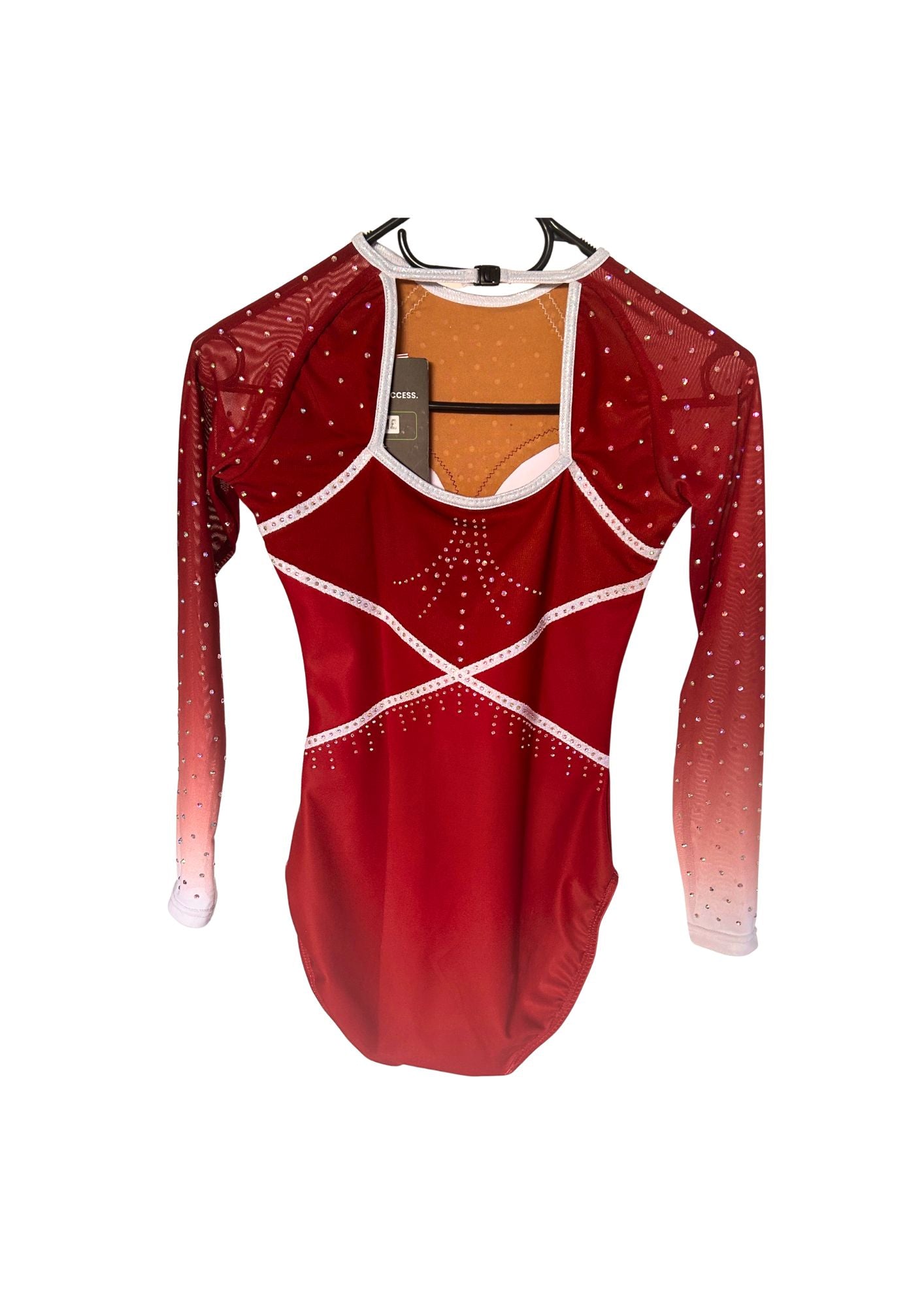 back side of the luana model of gymnastics leotard red and white shiny and cheap; comfortable