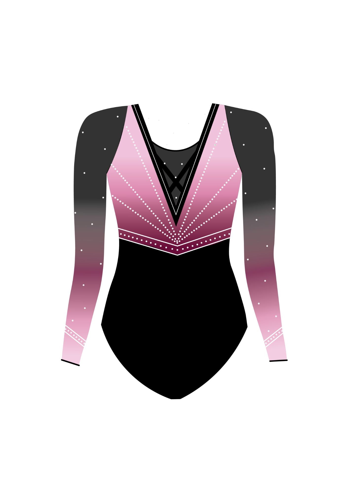 Back view of soft pink and black long sleeve gymnastics leotard with crystal details, ombré fade, and strappy back — ideal competition leotard for gymnasts and clubs.